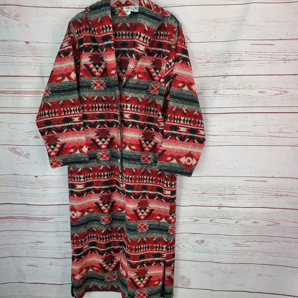 Rod's Aztec Tribal Print Long Duster Sweater Button Front Jacket Cardigan Large